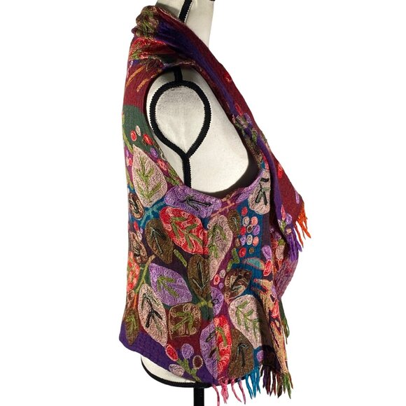 Handmade Anu XL Colorful Wool open Vest Embroidered Floral Design Fringe boho - Picture 2 of 12